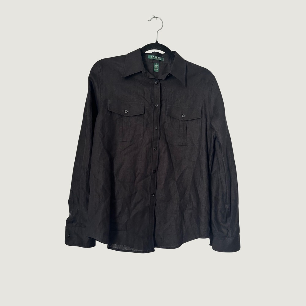 Lauren Ralph Lauren Linen Shirt Womens S Black Lagenlook Minimalist Quiet Luxury
